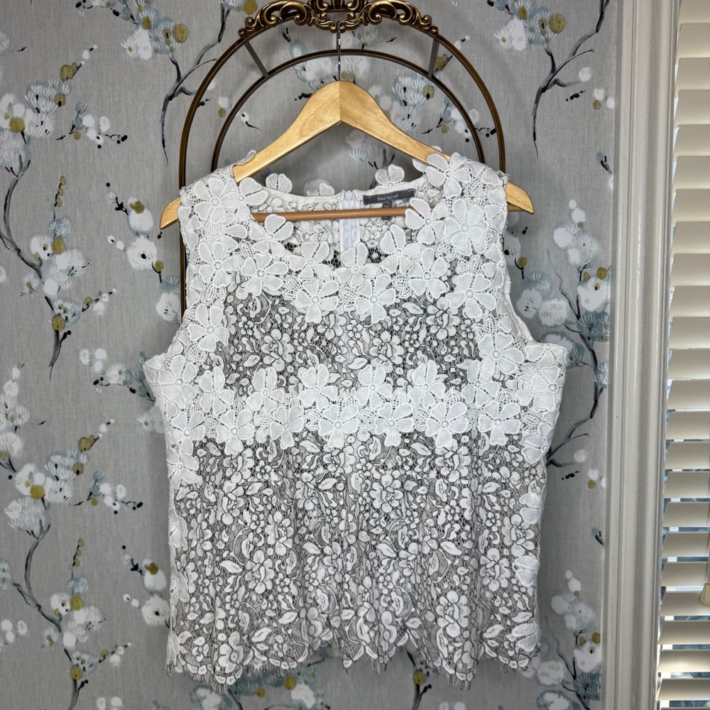 Blue Tassel White Floral Lace Sleeveless Top Back Zip Size XL